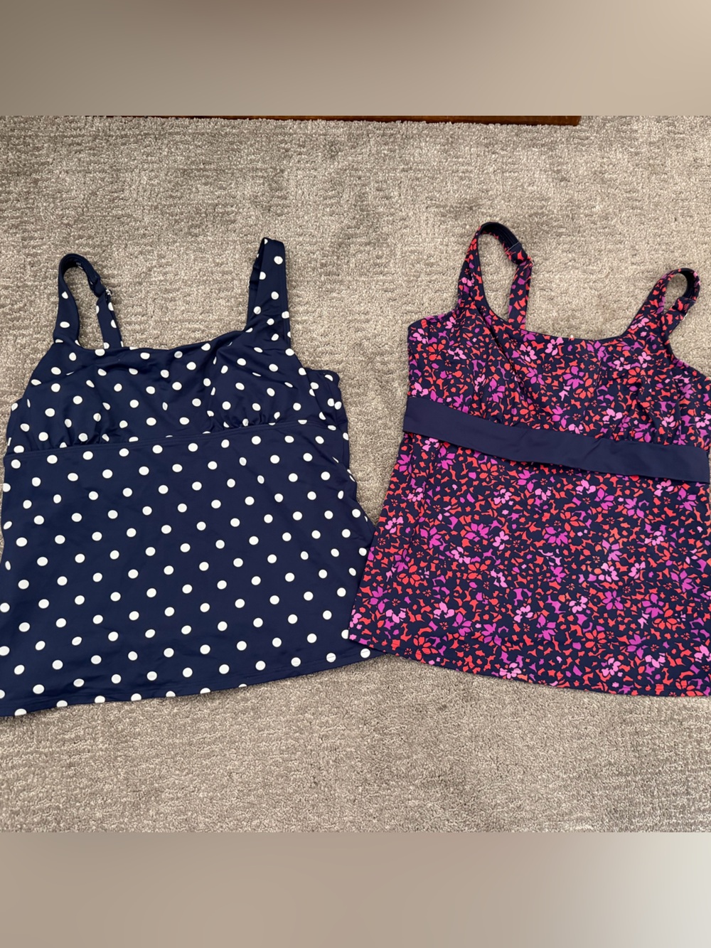 Lands' End Bundle of 2 Tankini Swim Tops Navy Polka Dot Floral Sz 14 DD